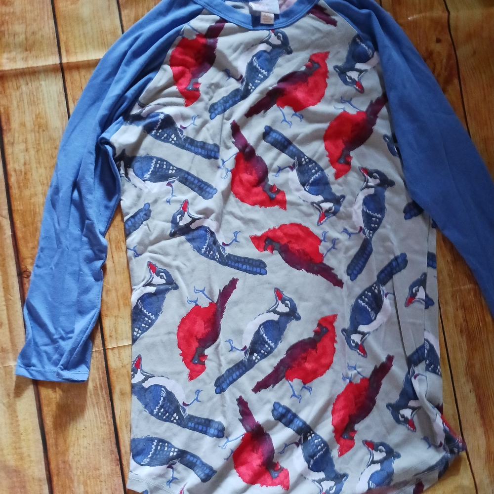 LuLaRoe Blue and Red Bird Print Long Sleeve Tee